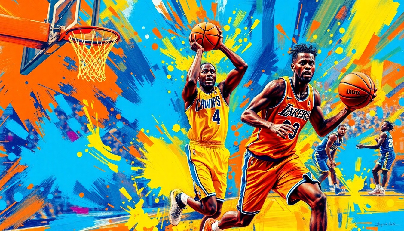 An abstract, expressionist painting in vibrant neon colors capturing the fast-paced action and energy of an NBA basketball game, with players' movements dissolved into unrecognizable splatters of paint.