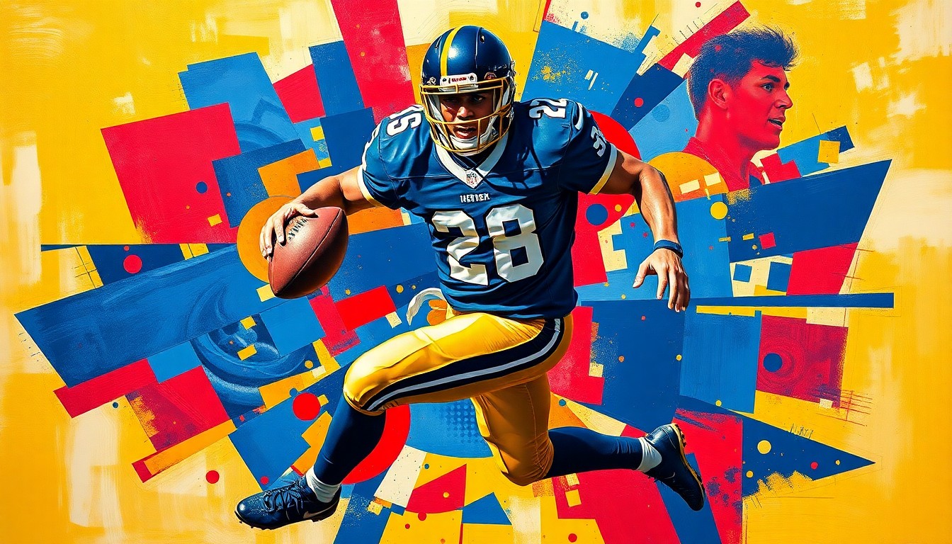 A fragmented, geometric painting depicting a football player in motion, with sharp, overlapping planes of navy blue, gold, and crimson red, conveying the dynamic nature of the sport.