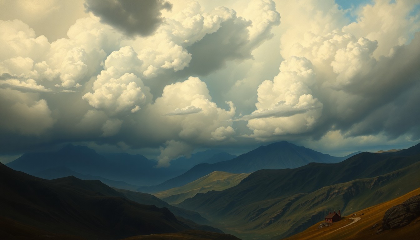 A sweeping, atmospheric landscape painting in muted tones of gray, blue, and green, with dramatic clouds and light casting an ominous mood over the mountainous terrain below.