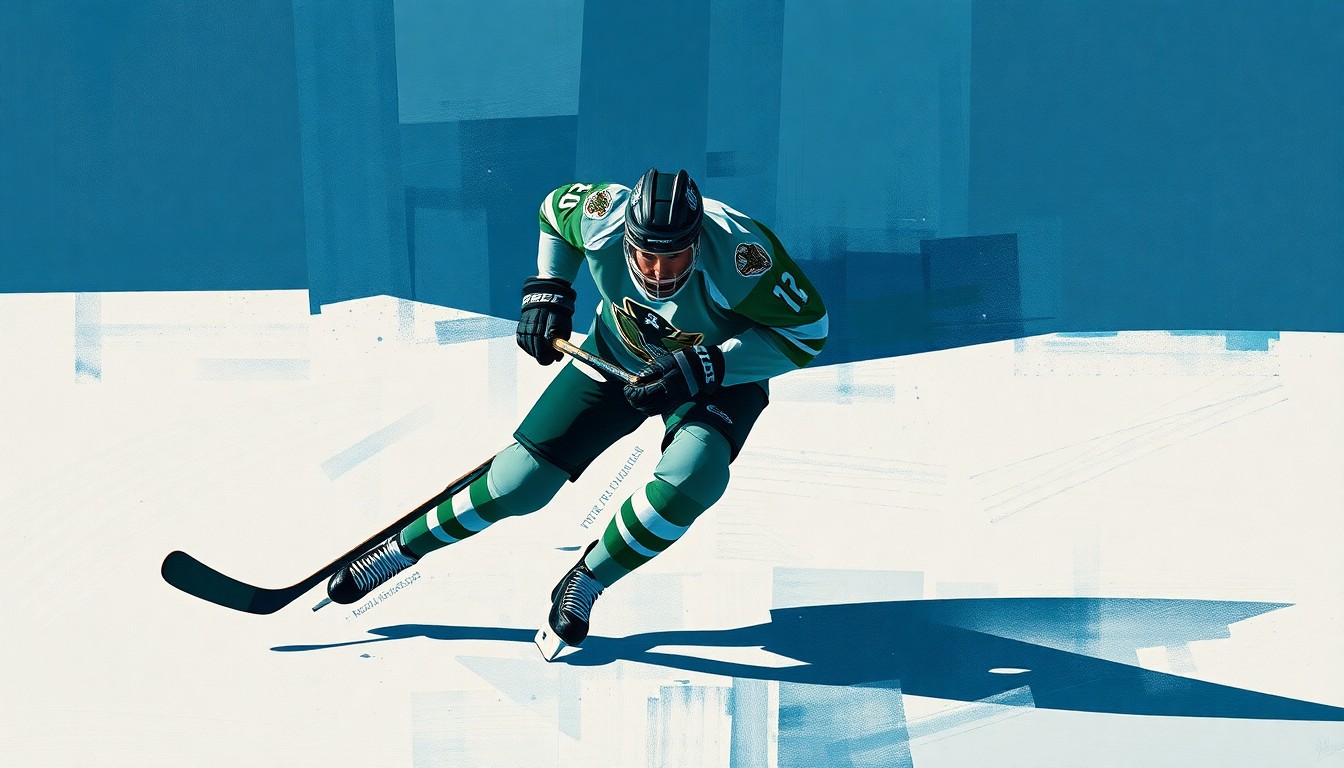 A cubist-style painting featuring a hockey player broken down into geometric shapes and planes of deep blue, green, and grey tones, conveying the dynamic energy and uncertainty of contract negotiations.