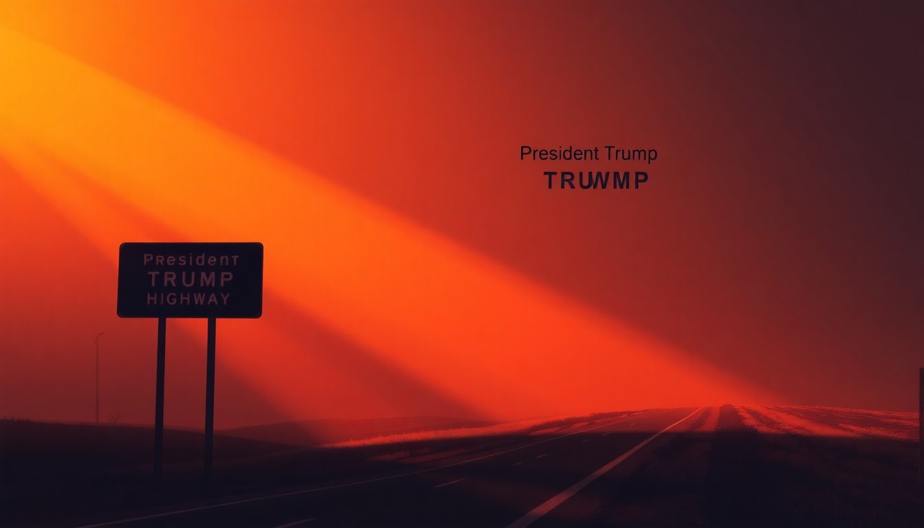 A serene, photorealistic painting of a lone highway sign post in soft, warm lighting, the text 'President Trump Highway' clearly visible, conveying a sense of the political controversy surrounding the renaming.