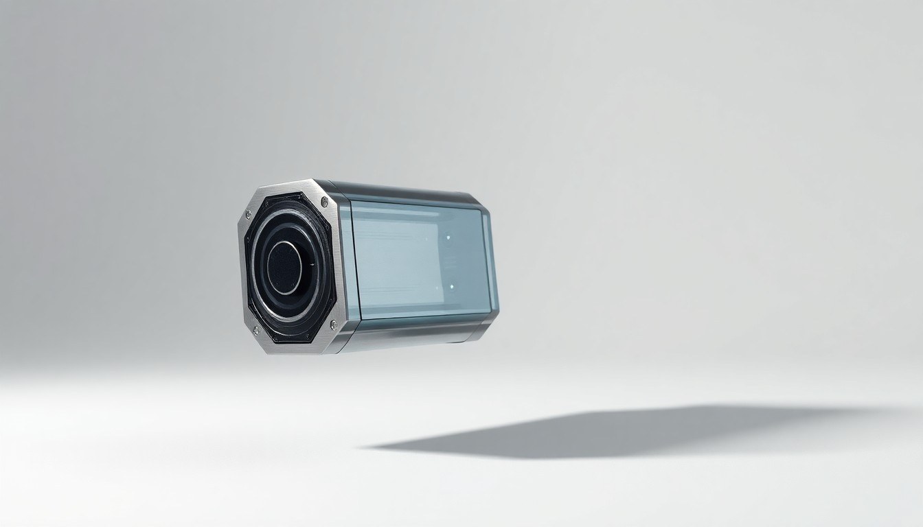 A photorealistic studio still-life image of a sleek, geometric battery cell made of polished metal and glass, floating on a clean, monochromatic background and dramatically lit to convey the abstract corporate strategy and financial risks of the renewable energy storage industry.