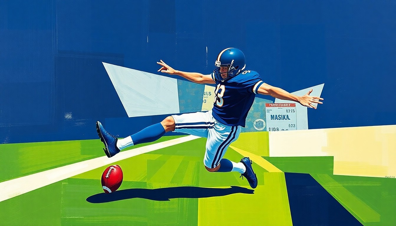 A fractured, geometric painting depicting a football punting motion broken down into sharp, overlapping planes of navy blue, royal blue, and white, conveying the dynamic athleticism of the position.