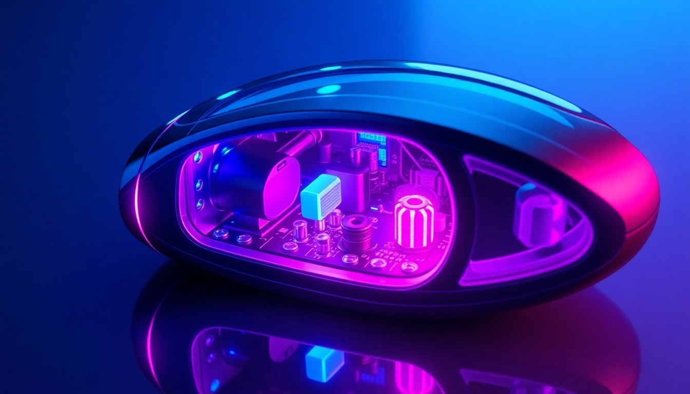 A highly detailed, glowing 3D illustration of a hearing aid device, with its internal components and circuitry illuminated by neon cyan and magenta lights, conceptually representing the advanced technology and thoughtful design of the Cearvol Wave.