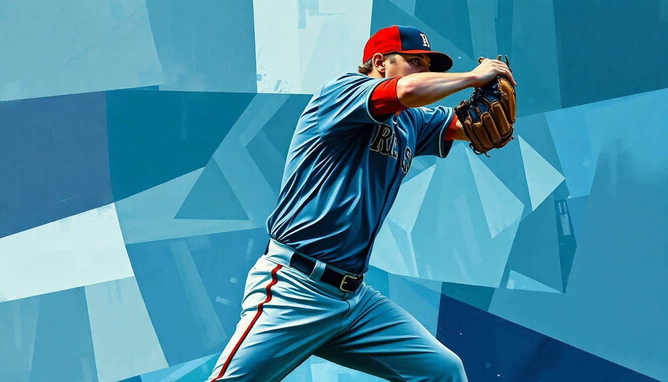 A fractured, cubist-style painting depicting the motion and delivery of a baseball pitcher, with sharp geometric planes in shades of blue, gray, and green conveying the intensity and focus of a dominant pitching performance in cold weather.