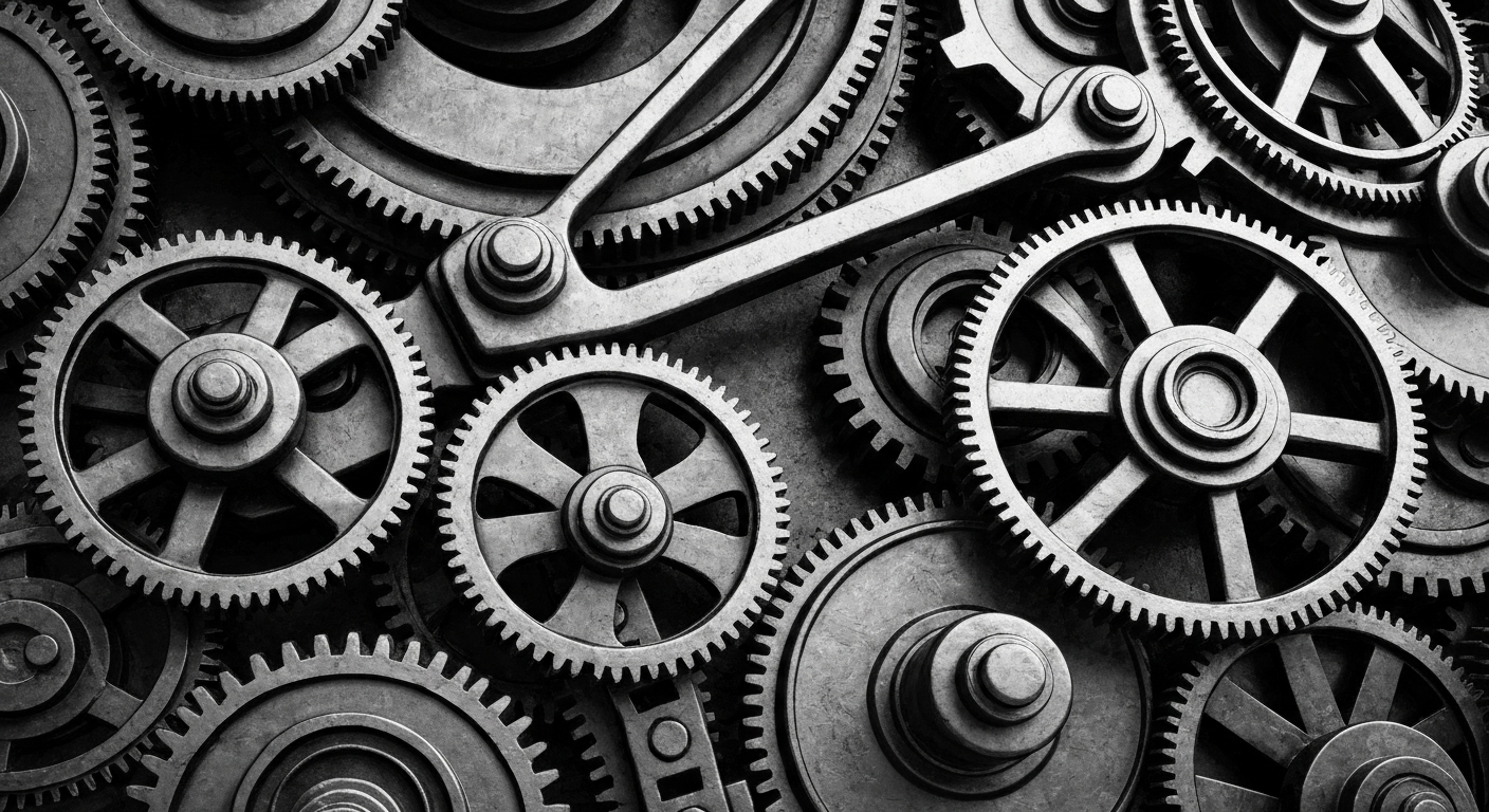 A dramatic close-up of interlocking gears, cogs, and levers in a high-contrast black and white industrial style, representing the complex machinery of global finance and the resilience of the stock market.