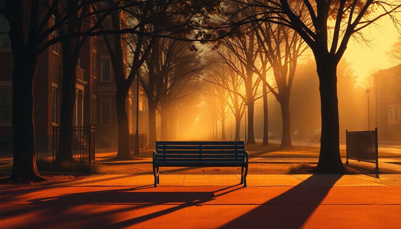 A serene oil painting depicting an empty park bench in a Boston neighborhood, with warm sunlight casting long shadows across the scene, conveying a sense of quiet contemplation about the intersections of politics, community, and social services.