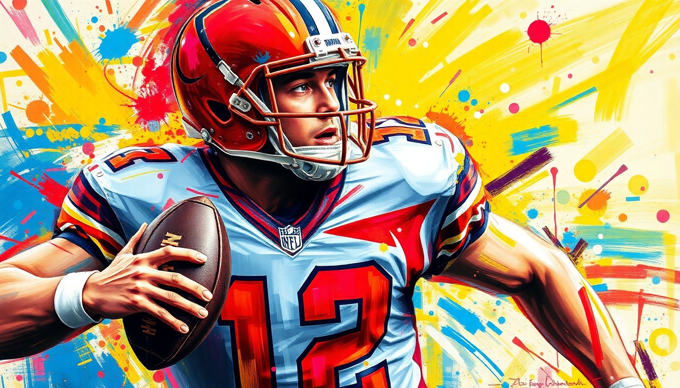 An abstract expressionist painting in vibrant neon colors, capturing the raw energy and dynamic motion of an NFL quarterback through rapid brushstrokes that dissolve the player's face and uniform into unrecognizable splatters of paint.
