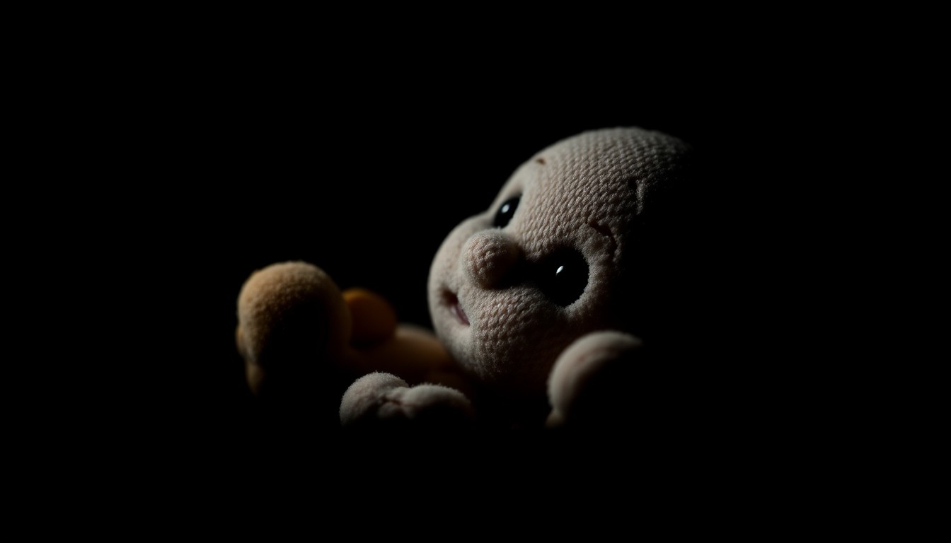 An extreme close-up of a small, worn stuffed animal against a pitch-black background, conceptually representing the victim and the grim nature of the crime.