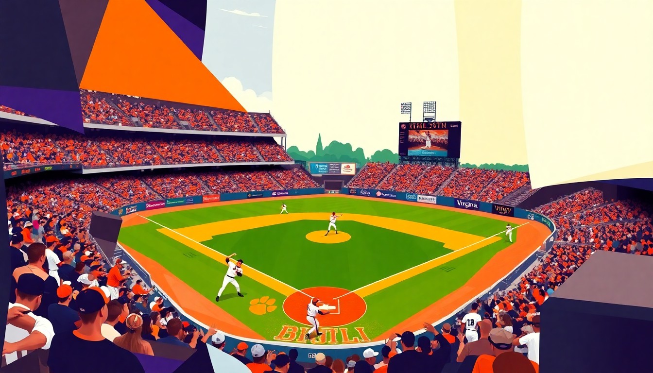 A cubist-style painting depicting a baseball game between Clemson and Virginia, with the players and field of play broken down into sharp, overlapping geometric shapes and planes in the teams' official colors.