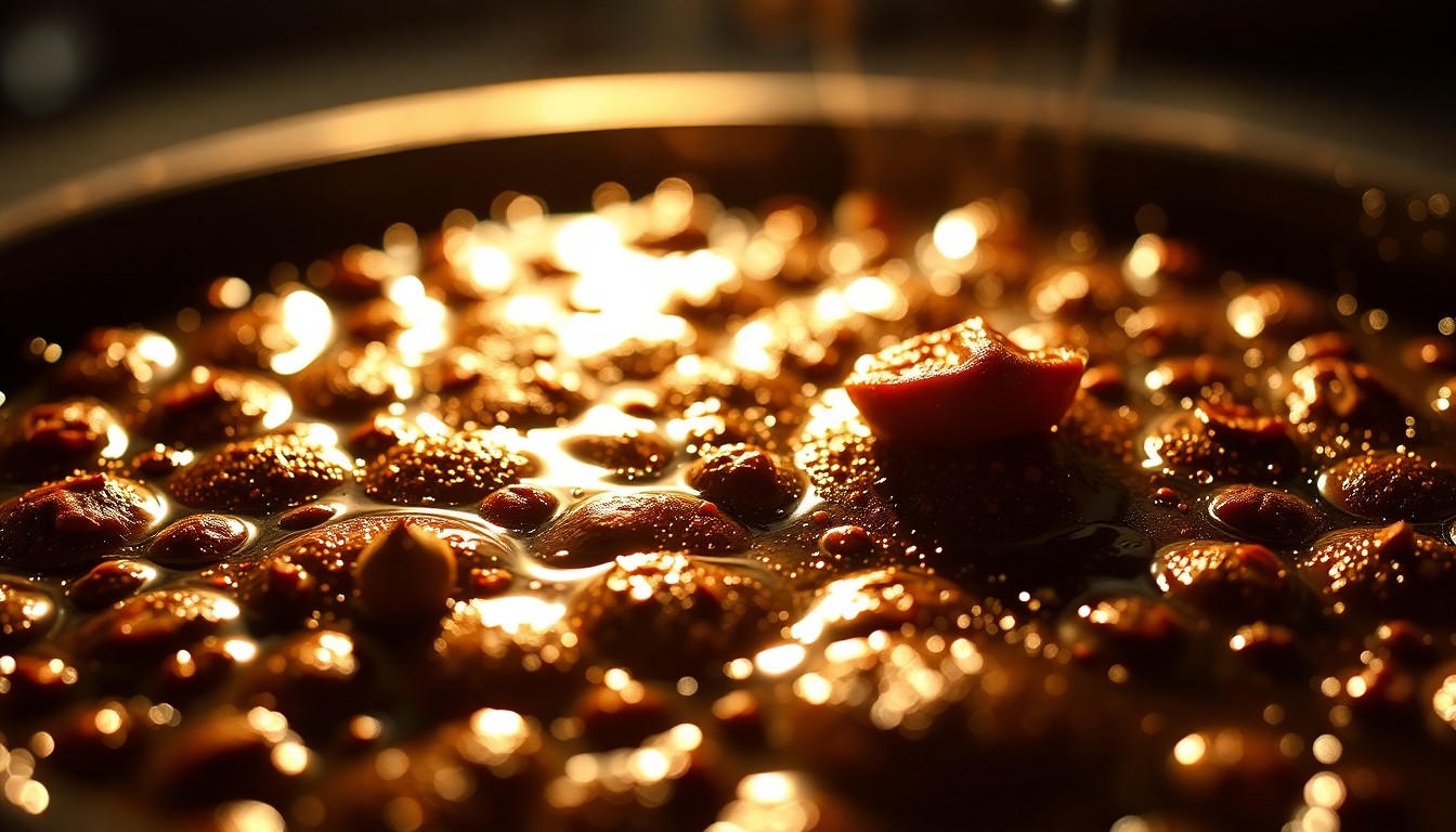 An abstract, high-contrast close-up photograph featuring a variety of shimmering, textured culinary elements, conceptually representing the excitement and artistry of a televised cooking competition.
