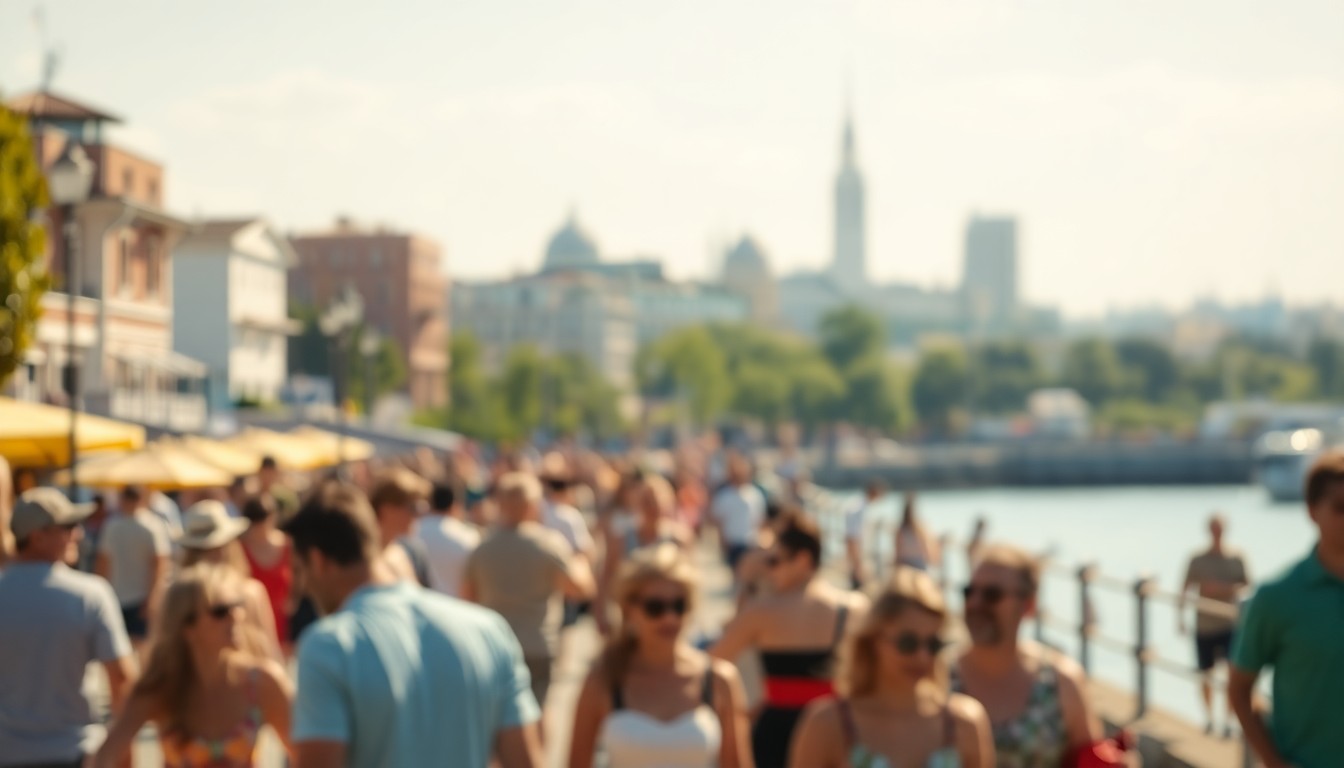 A hazy, impressionistic scene of people strolling, relaxing, and enjoying activities at a vibrant waterfront park, with soft focus and a warm, glowing color palette creating a dreamlike, nostalgic atmosphere.