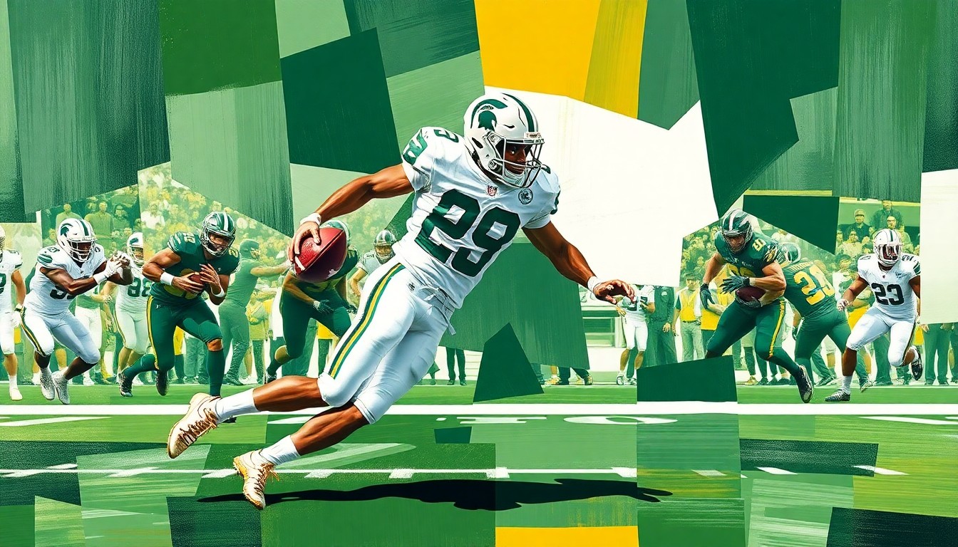 A fragmented, geometric painting depicting a defensive player in motion, with sharp planes of green, white, and gold representing the colors of Michigan State University's football team.