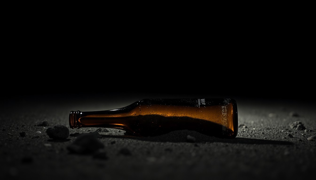 An extreme close-up photograph of a discarded beer bottle on the beach, lit by a harsh, direct camera flash against a pitch-black background, conveying the gritty, investigative nature of the event's history.