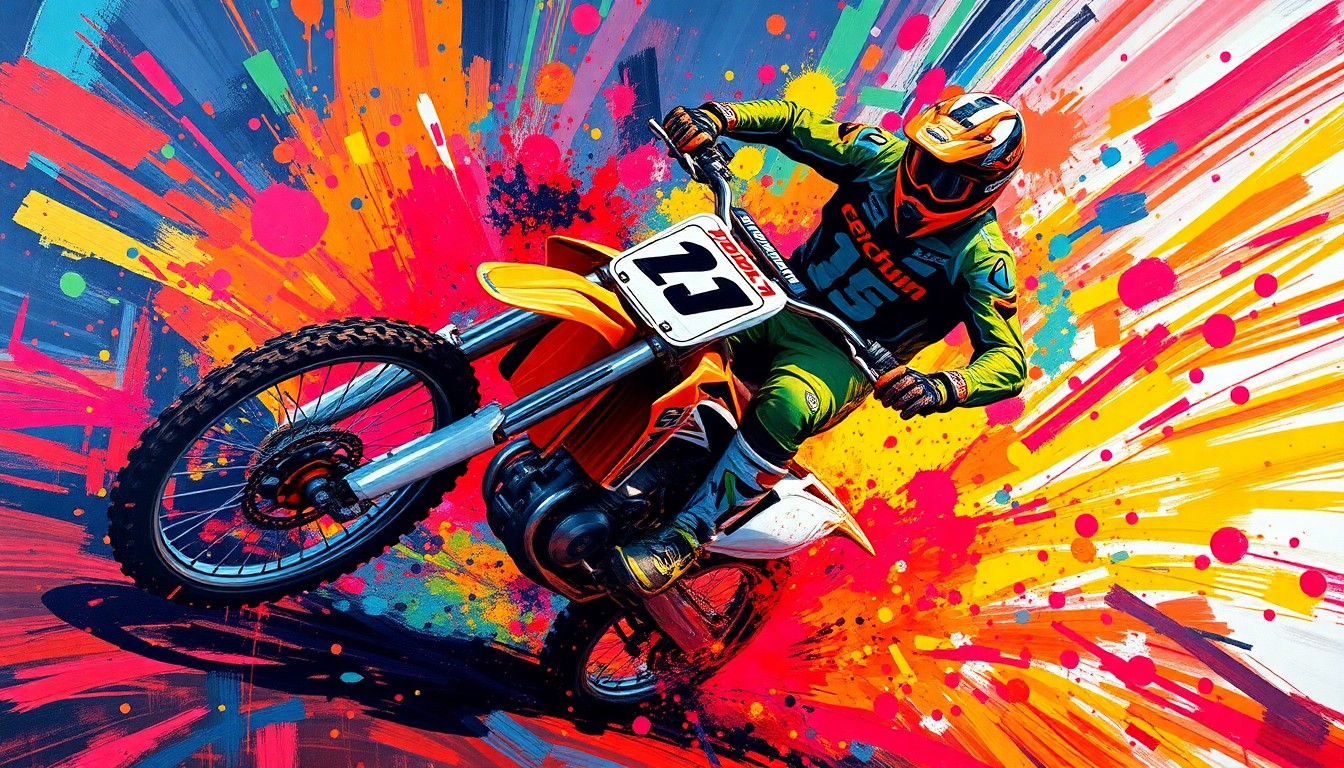 An abstract, expressionist painting in vibrant neon colors, capturing the chaotic motion and energy of a motocross rider mid-crash, with the bike and rider's form dissolving into unrecognizable splatters of paint.