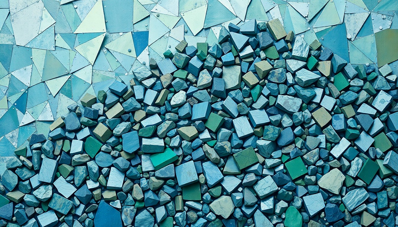 A dynamic, fragmented painting depicting a jumble of metallic ores and minerals in shades of blue, green, and gray, conveying the complexity of global critical resource supply chains.