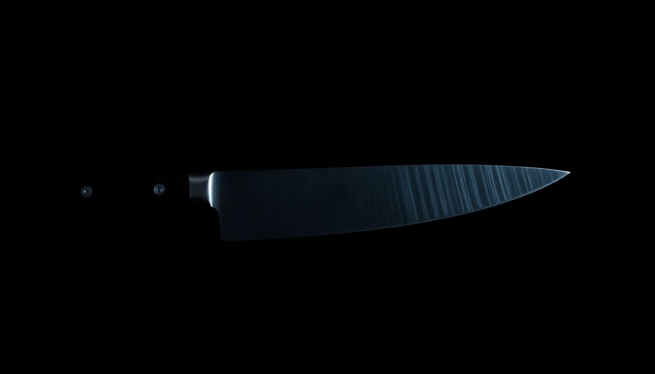 An extreme close-up photograph of a kitchen knife, the blade reflecting a harsh, direct flash of light against a pitch-black background, conveying the stark, gritty, and investigative nature of this crime.