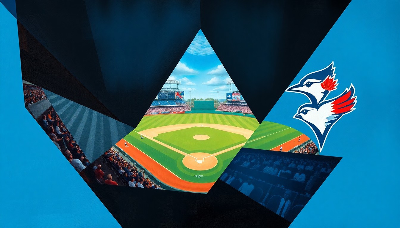 A cubist-style painting featuring overlapping geometric shapes and planes, capturing the dynamic action of a baseball game between the Diamondbacks and Blue Jays.