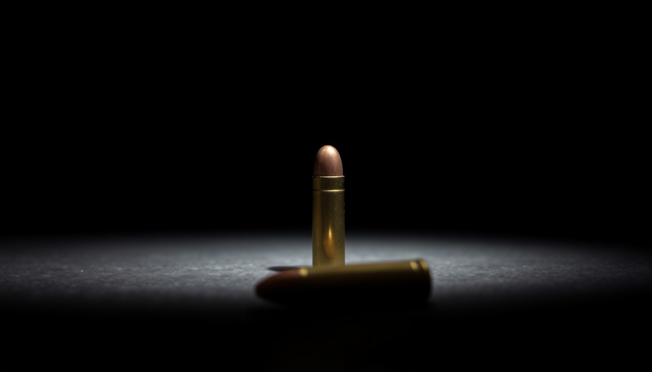 An extreme close-up photograph of a single bullet casing on a dark surface, the harsh lighting and stark contrast creating a gritty, investigative aesthetic that conceptually represents the gun violence affecting children in the local community.
