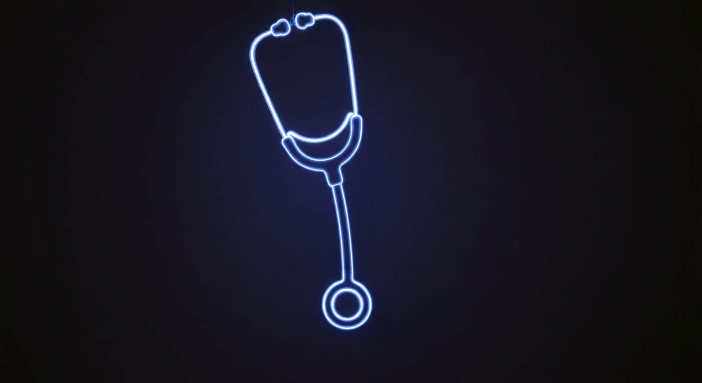 A minimalist design in the style of Keith Haring where the outline of a medical stethoscope is defined entirely by vibrant neon lines against a dark background, emphasizing the shape and energy of the health-related object.