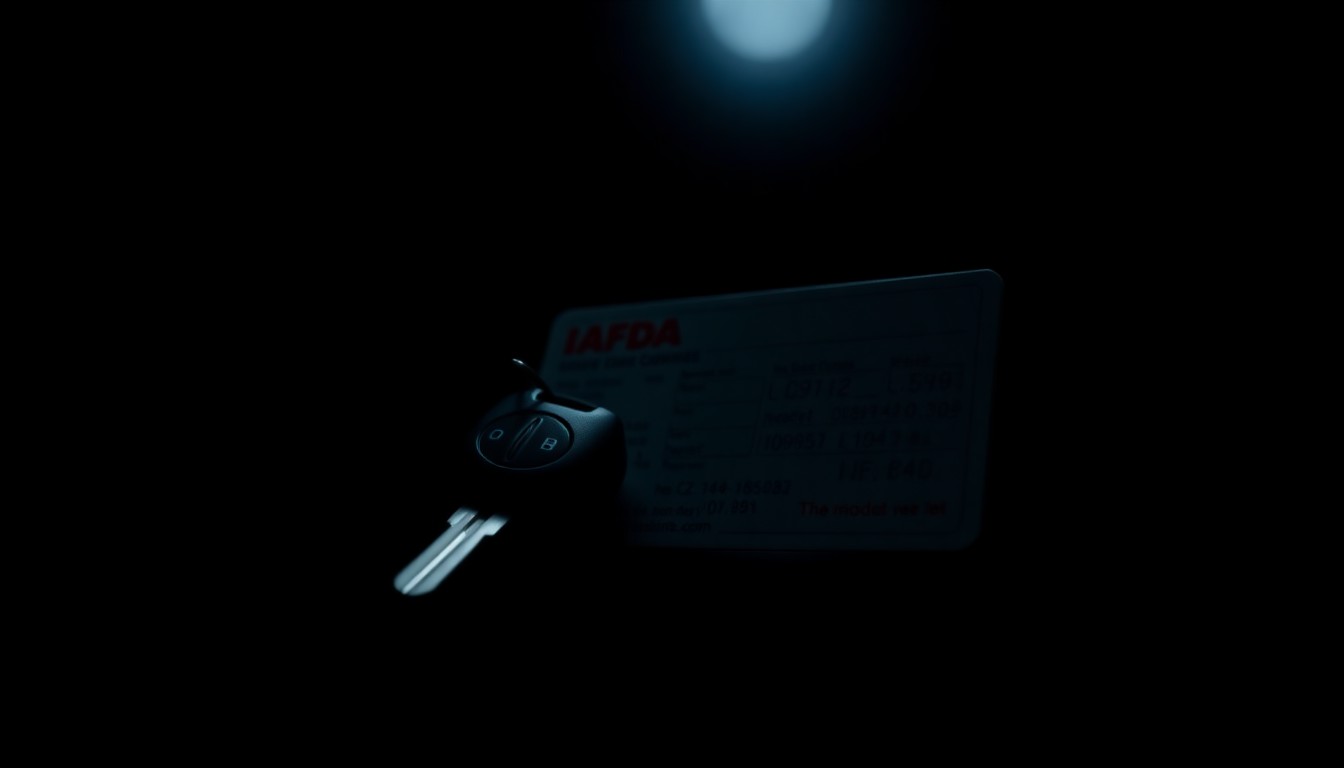 An extreme close-up photograph of a car key and insurance card against a pitch-black background, lit by a harsh, direct camera flash, creating a stark, gritty, investigative aesthetic.