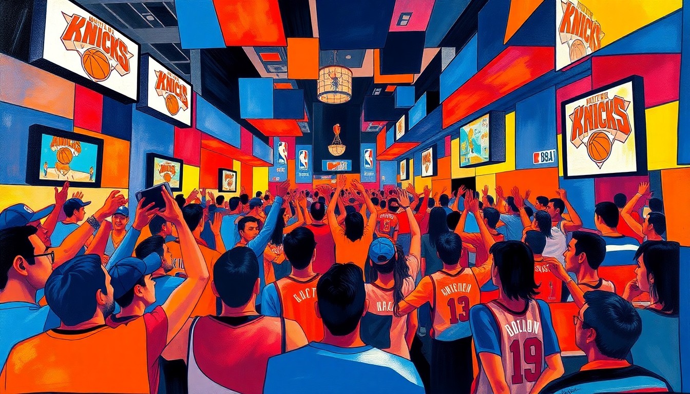 A cubist, geometric painting depicting the chaotic, celebratory atmosphere of a crowded sports bar filled with Knicks fans cheering and raising their drinks, with the scene fractured into overlapping planes of blue, orange, and red.