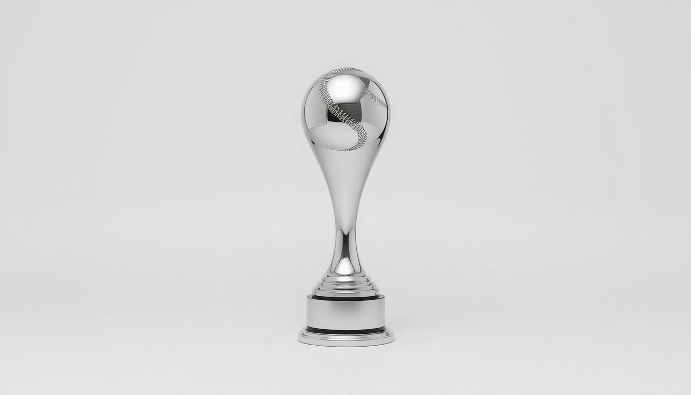 A photorealistic studio still-life image of a shiny, metallic baseball trophy on a clean, monochromatic background, symbolizing the surging value of professional sports franchises.