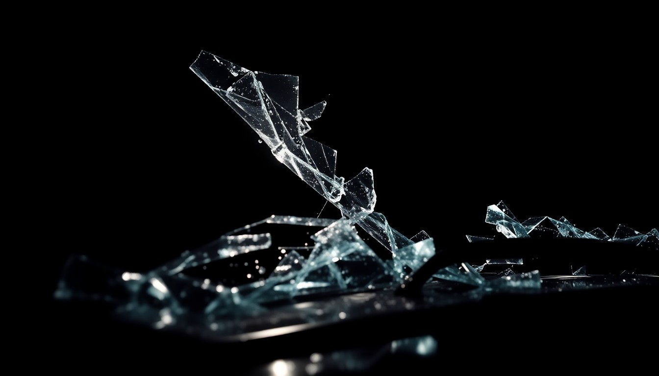 An extreme close-up photograph of a shattered car windshield against a pitch-black background, capturing the dramatic textures and details of the damaged glass and twisted metal in a stark, gritty aesthetic.