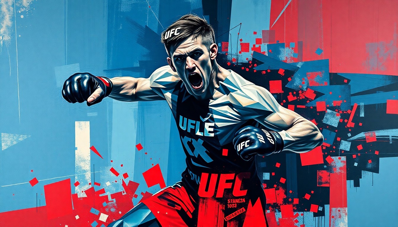 A cubist, geometric painting depicting a UFC fighter in mid-action, with their body broken down into overlapping planes of deep blue, red, and black shapes, conveying the disruption and uncertainty surrounding Blachowicz's injury withdrawal.