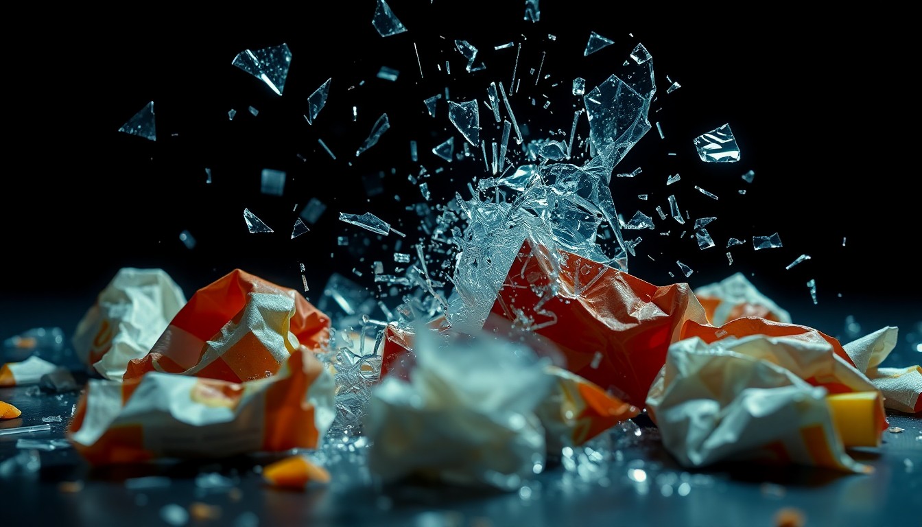 An extreme close-up photograph of shattered glass, crumpled fast food wrappers, and other debris in a dramatic, high-contrast studio lighting setup, conceptually representing the aftermath of a celebrity altercation in a public space.