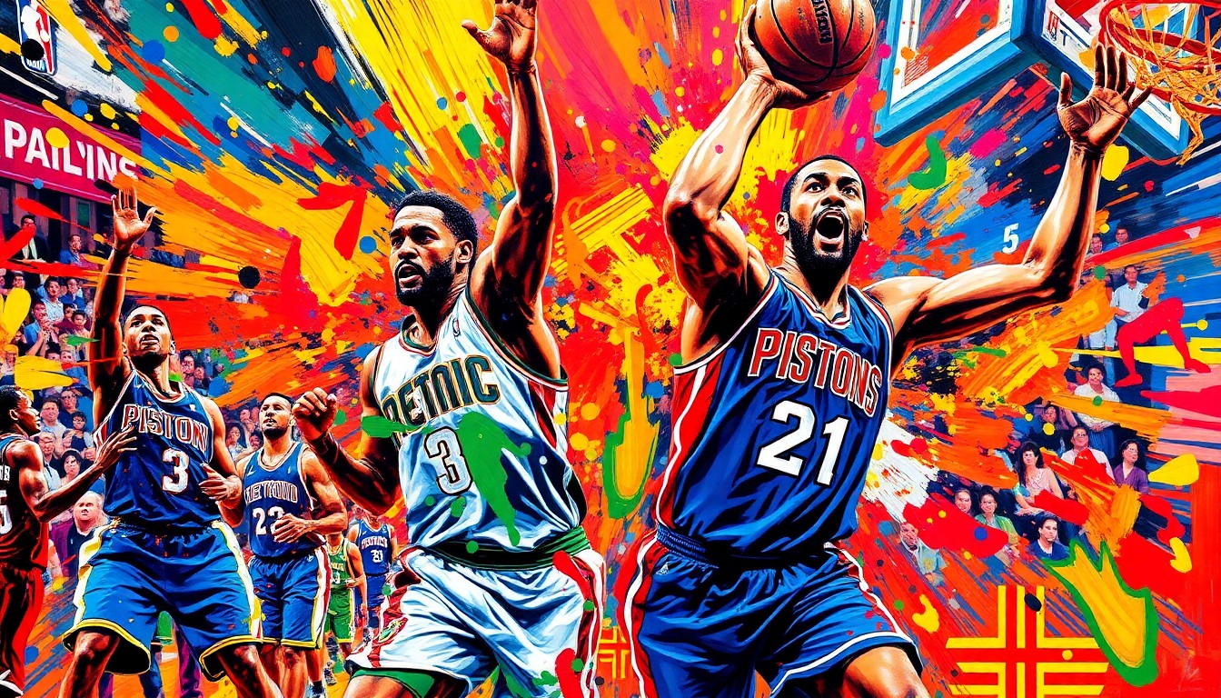 An abstract, expressionist painting featuring vibrant neon brushstrokes in shades of blue, orange, and green, capturing the frenetic energy and movement of an NBA playoff game.