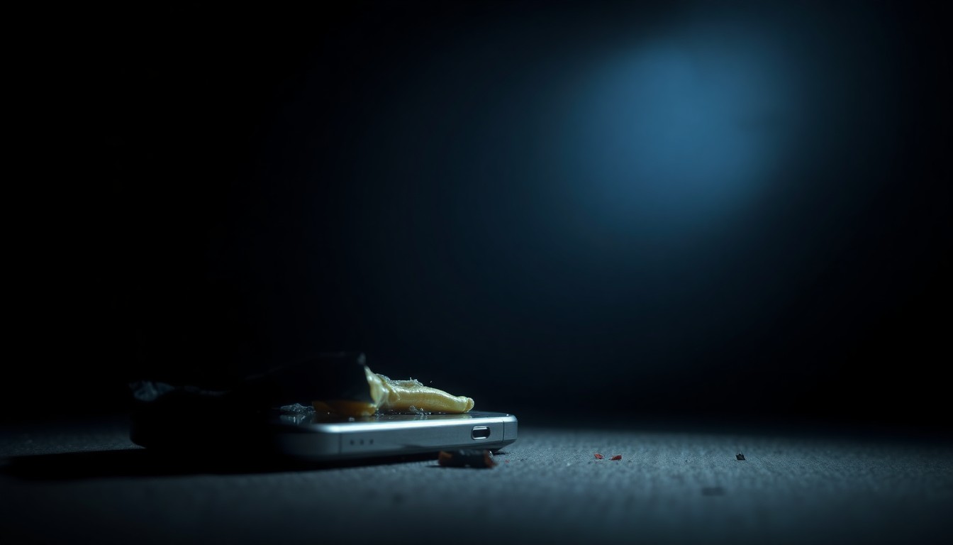 An extreme close-up photograph of a damaged car part or other physical evidence related to the crime, lit by a harsh, direct camera flash against a pitch-black background, conveying a sense of the gritty, investigative nature of this tragic case.