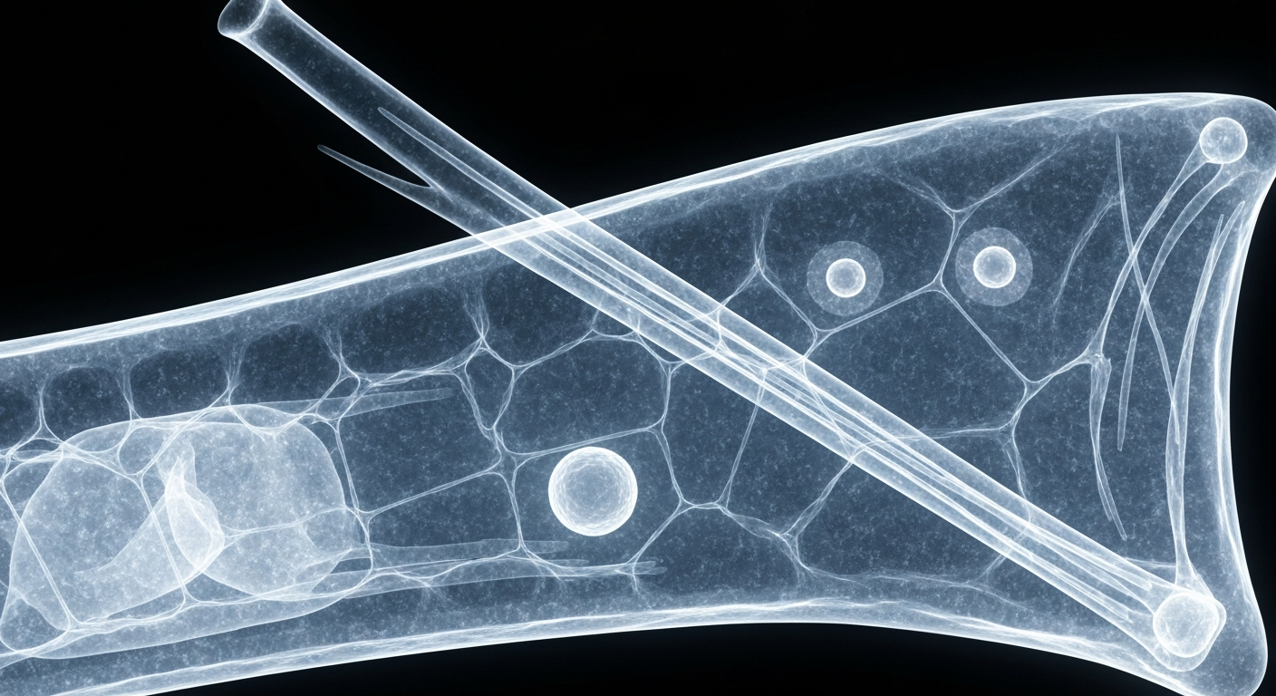 An extreme macro, translucent X-ray photograph revealing the intricate internal structures of a human skin cell, with glowing lines highlighting the biological mechanisms that drive the inflammatory and pruritogenic responses characteristic of atopic diseases.