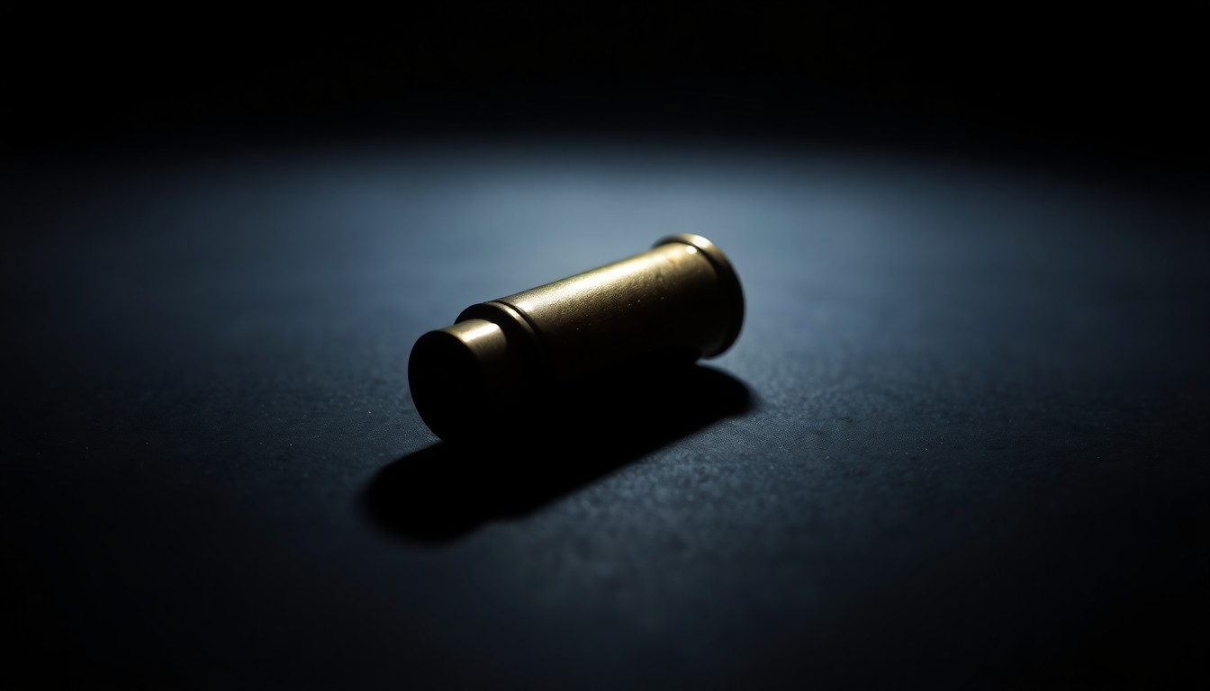 An extreme close-up photograph of a single spent shell casing on a dark surface, lit by a harsh, direct camera flash, conceptually representing the investigation into a reported school safety incident.
