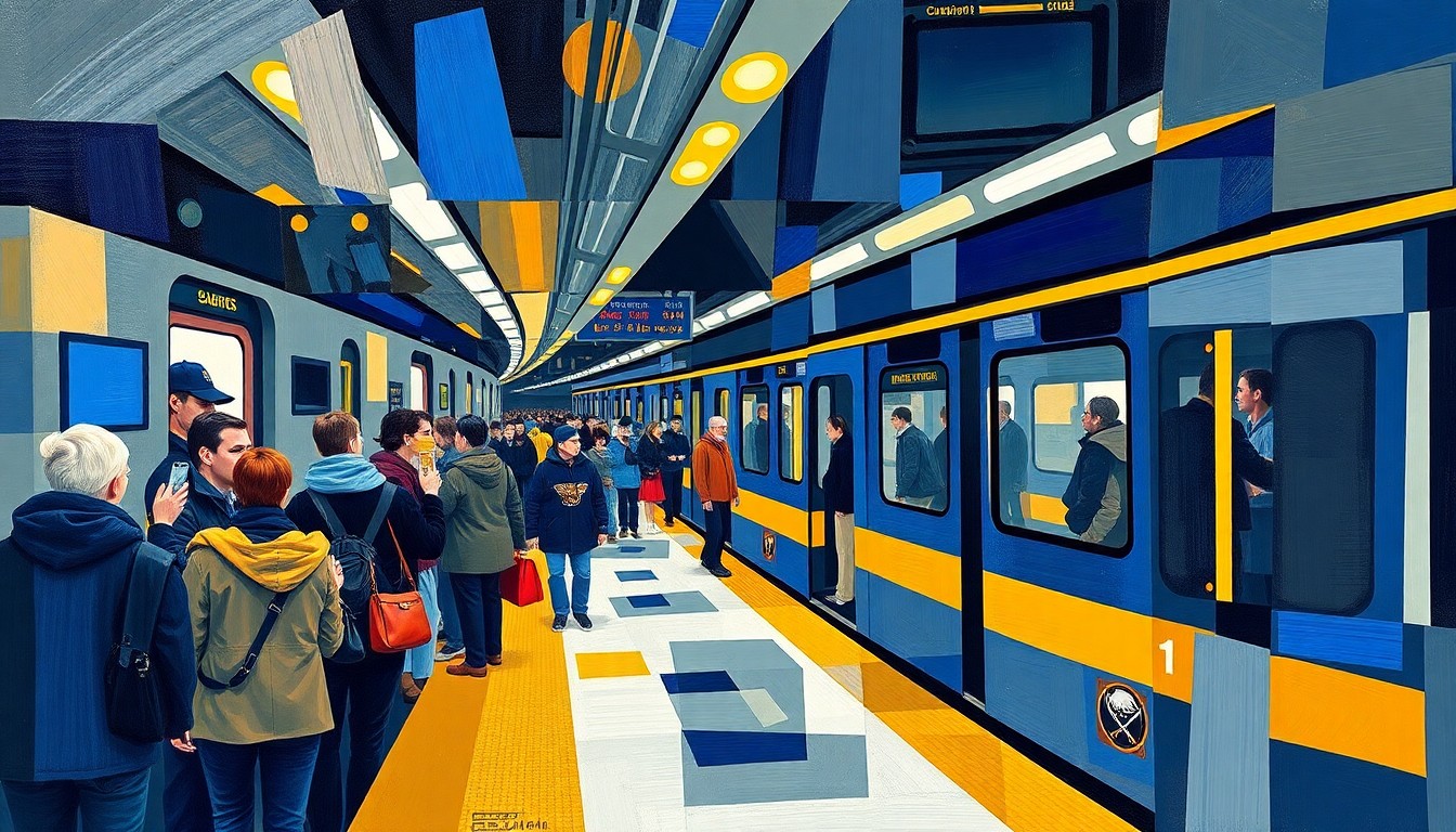 A cubist, geometric painting depicting the chaotic scene of a crowded metro train platform, with passengers in motion and the train itself fractured into overlapping angular shapes and planes in shades of blue, gold, and grey.