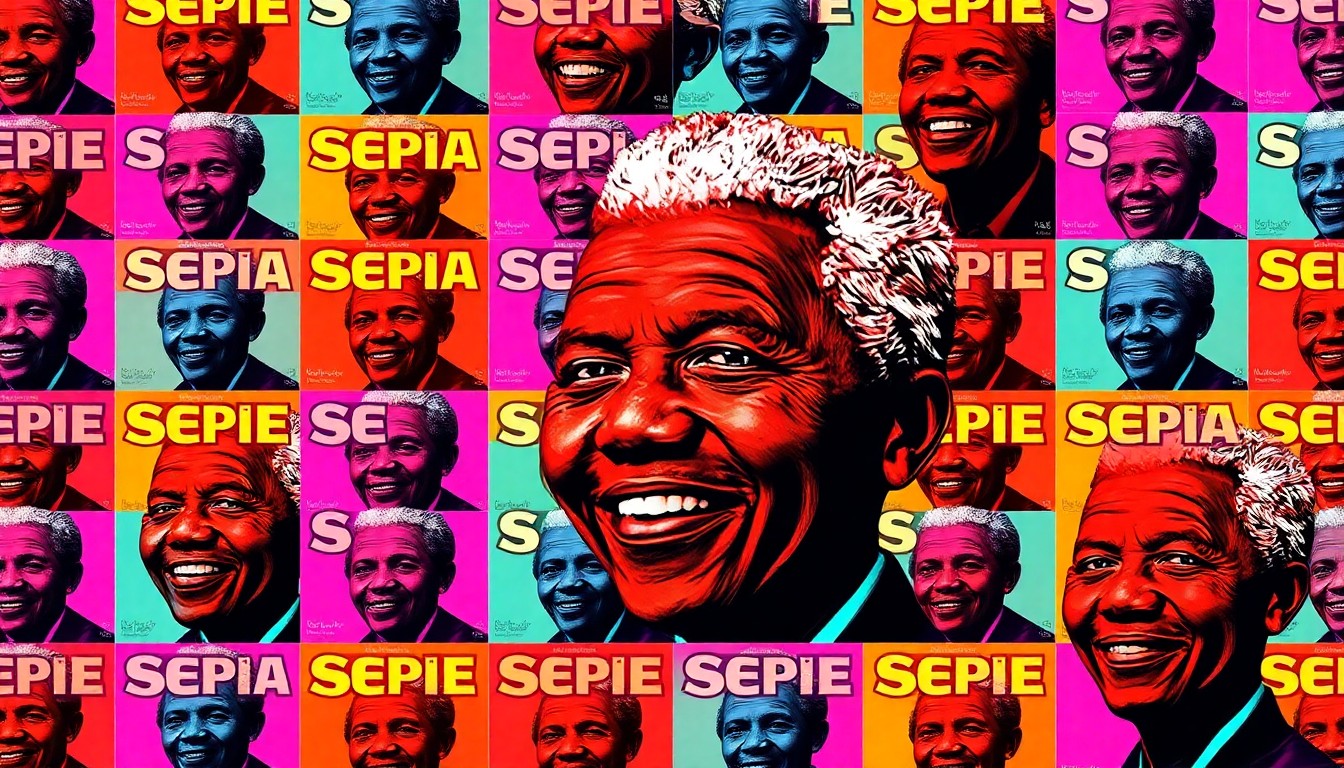 A vibrant, high-contrast silkscreen print featuring a repeated image of an iconic Sepia magazine cover or a portrait of Nelson Mandela, conceptually representing the museum's renewed focus on preserving and sharing important narratives from the African American experience.