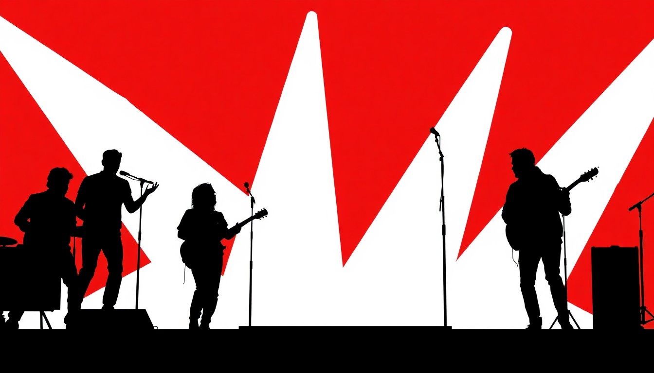 A bold, graphic composition of stark black silhouettes and high-contrast solid colors like red and white, abstractly representing a musical performance without any text or identifiable elements.
