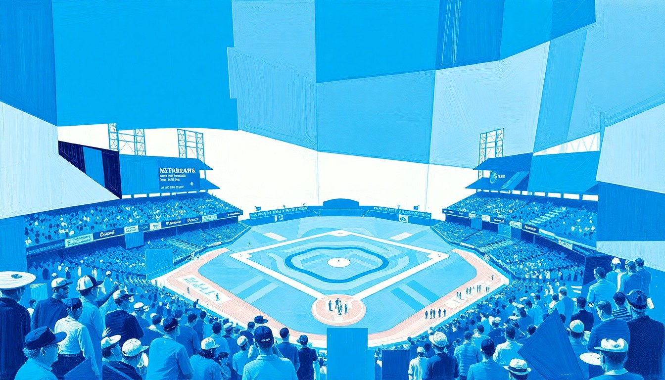 A cubist-style painting featuring overlapping geometric shapes and planes in shades of blue, conceptually representing the strategic decision to rest a star baseball player.