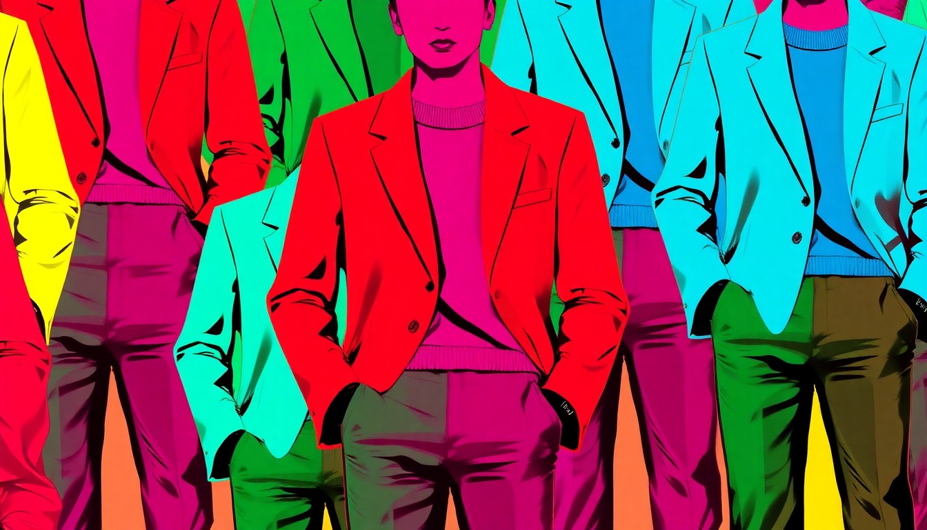 A high-contrast silkscreen print featuring a repeated pattern of a tailored blazer in vibrant neon colors, conceptually representing the fusion of structured and relaxed fashion elements.