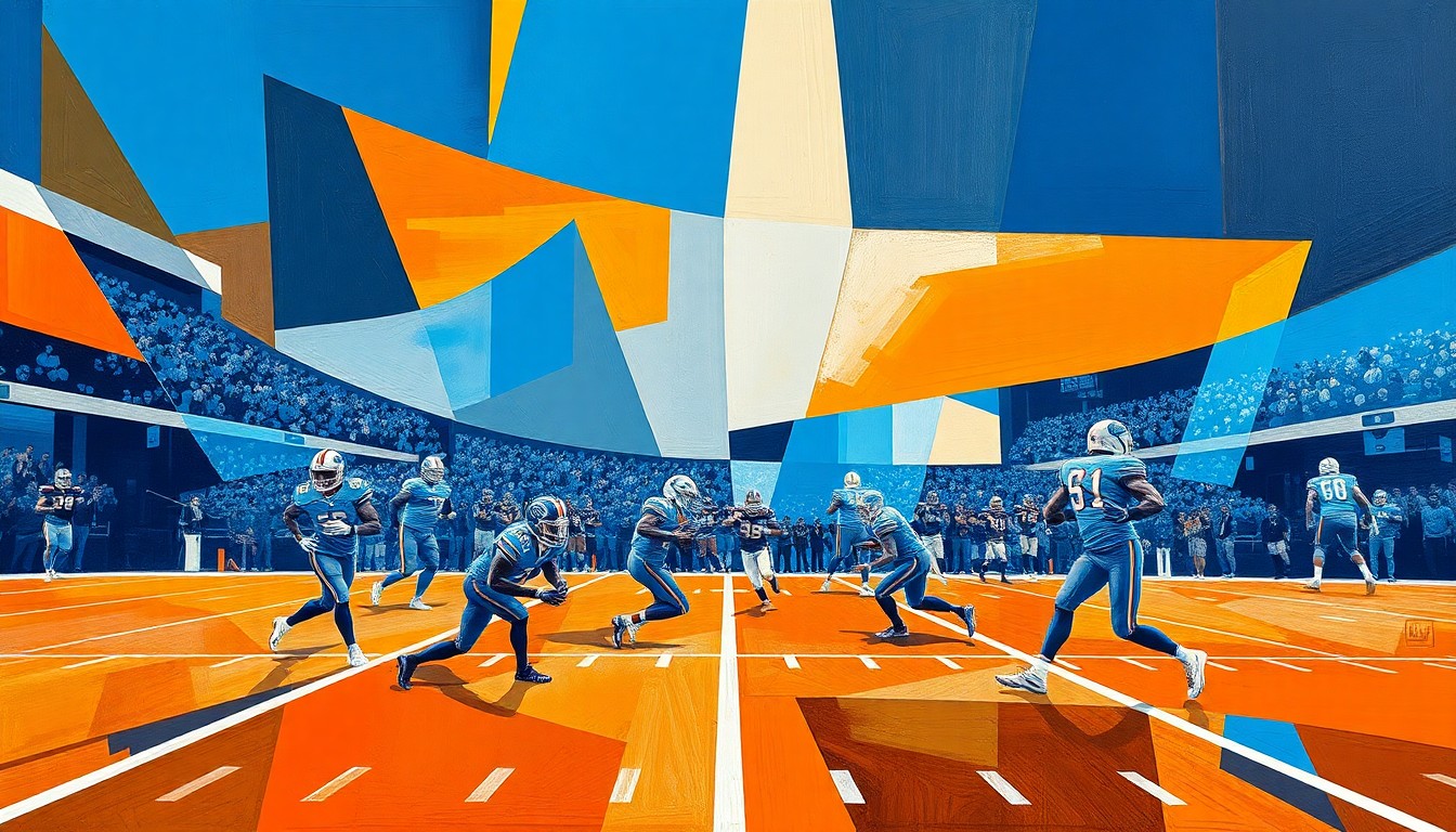 A fragmented, geometric painting depicting a Detroit Lions football game, with players and the field broken down into sharp, overlapping planes of deep blue, burnt orange, and metallic silver, capturing the dynamic energy of the sport through a cubist artistic style.