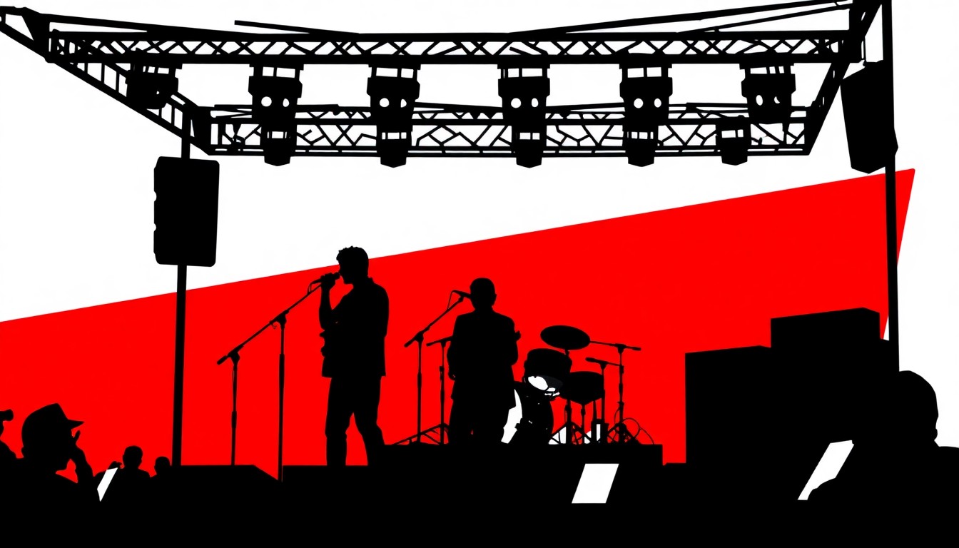 An extreme close-up of overlapping black silhouettes of musical instruments and speakers against a bright red background, conceptually representing an energetic outdoor concert experience.