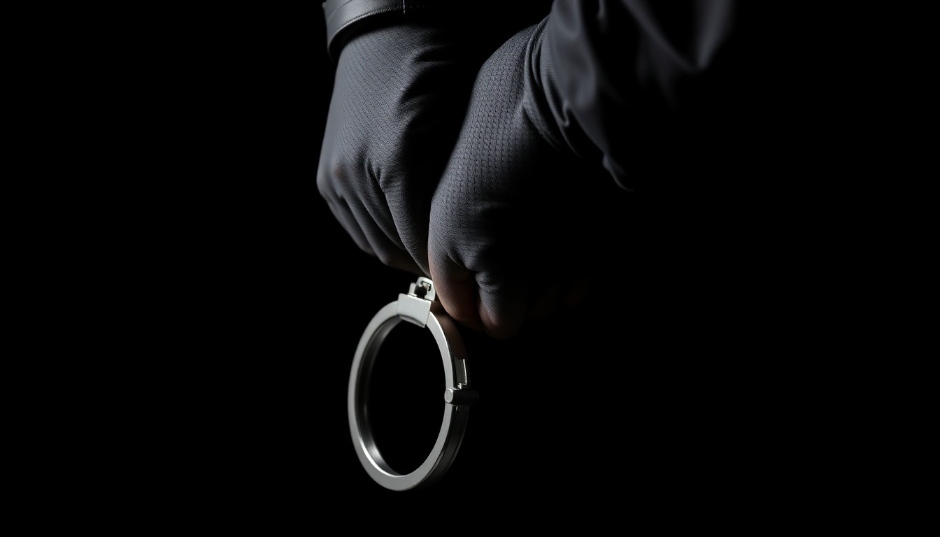 An extreme close-up photograph of a police officer's gloved hand holding a set of handcuffs, the harsh flash illuminating the metal and textured fabric against a pitch-black background, conveying a sense of urgency and investigative focus.