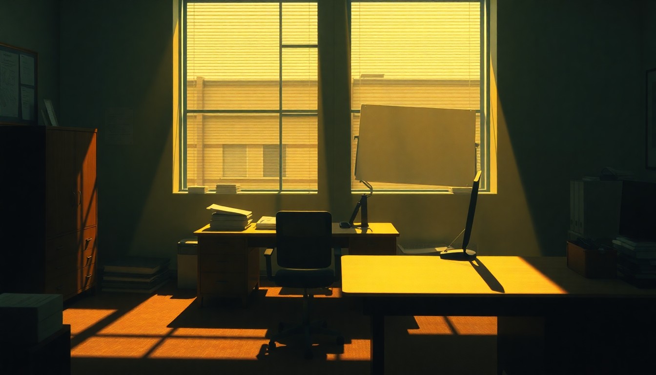 A dimly lit office desk with scattered papers and a desk lamp, conveying a sense of solitude and the quiet dedication of the unseen worker, conceptually representing the new overtime tax policy.