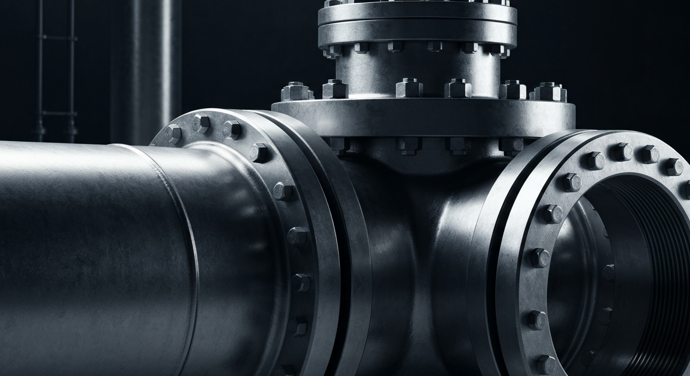 An extreme close-up of a heavy, industrial valve or pipeline fitting made of gleaming, polished metal, casting dramatic shadows and representing the vital infrastructure of global energy markets.