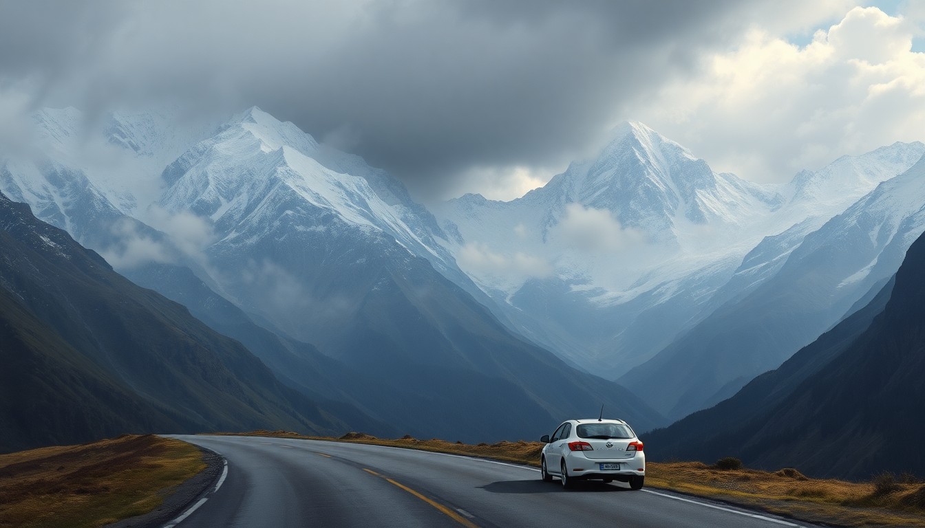 A sweeping, atmospheric landscape painting in muted tones of gray, blue, and white, with a small white car barely visible winding along a road through the mountains, conveying the overwhelming scale of the natural environment.