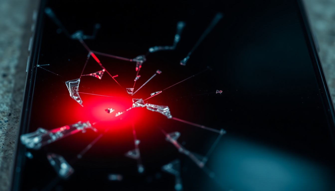 An extreme close-up photograph of a shattered smartphone screen reflecting a faint red light, conceptually representing the aftermath of a violent street crime.