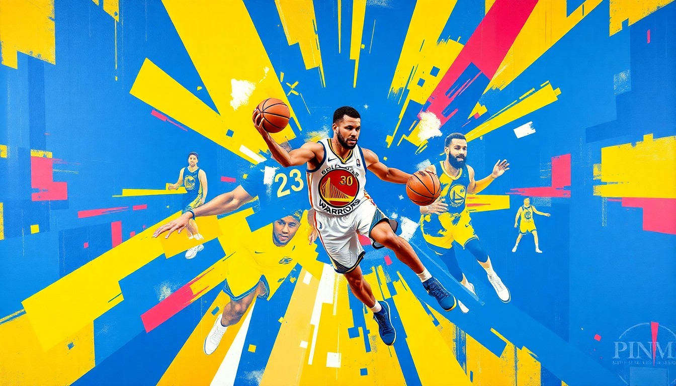 A fragmented, geometric painting depicting Steph Curry's basketball movements from multiple perspectives, using bold colors and sharp, overlapping shapes to capture the dynamic energy of the veteran NBA player.