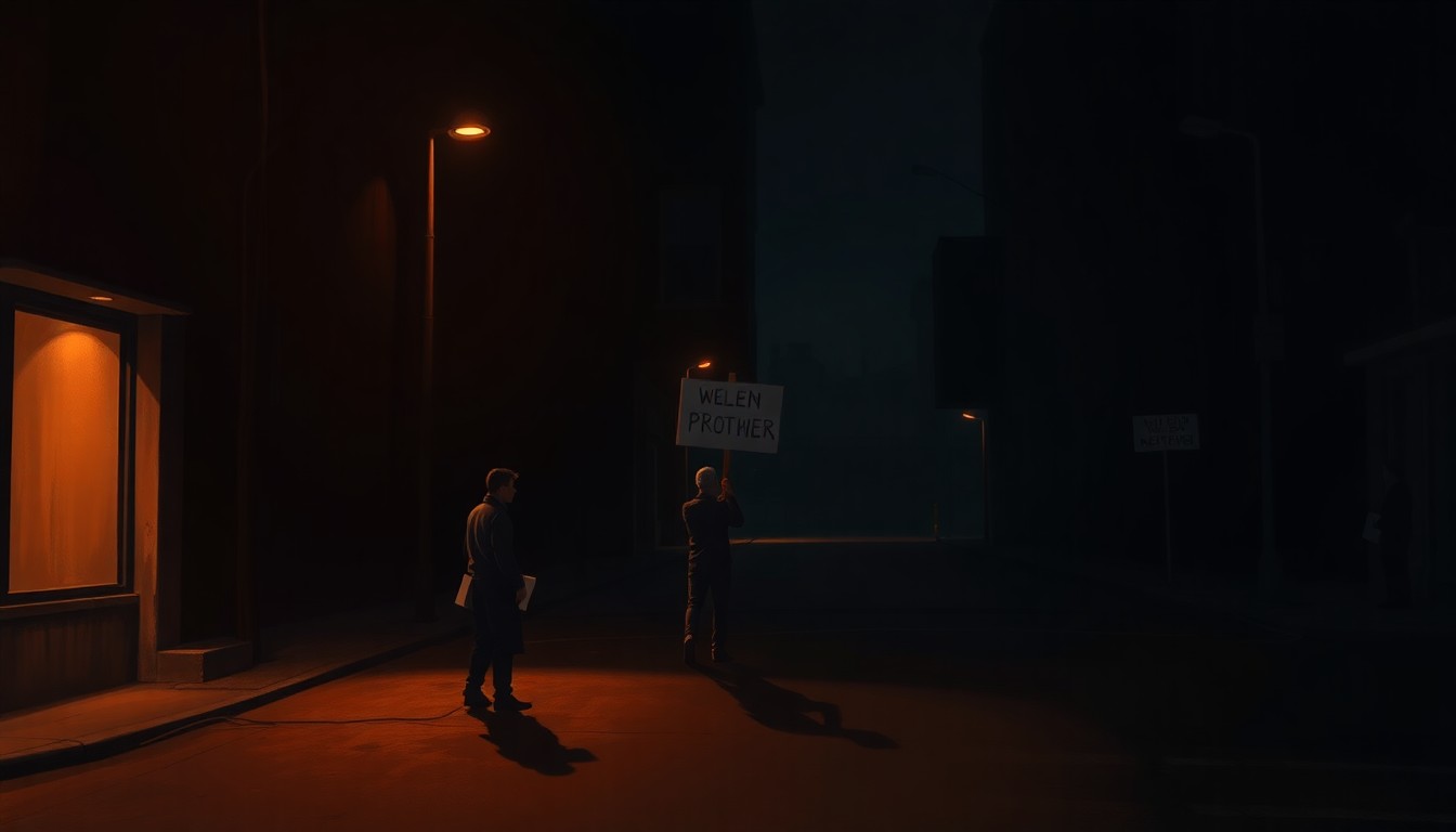 A close-up painting of a protester's sign held up in a shadowy urban street, with warm sunlight casting dramatic diagonal shadows, conceptually illustrating the political tensions in the community.