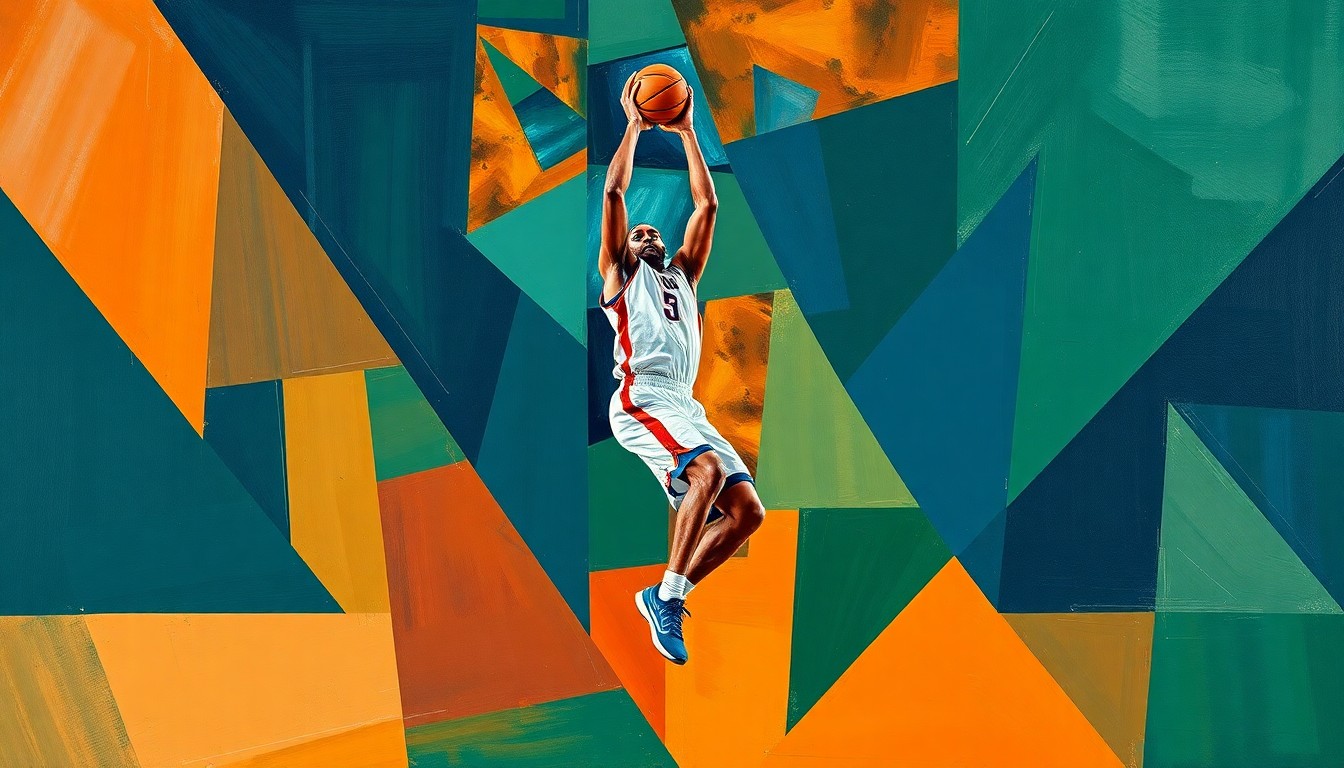 A fragmented, cubist-style painting depicting a basketball player mid-jump shot, with the figure broken down into sharp, overlapping geometric shapes in a palette of navy, green, and orange, conveying the dynamic energy of the sport.