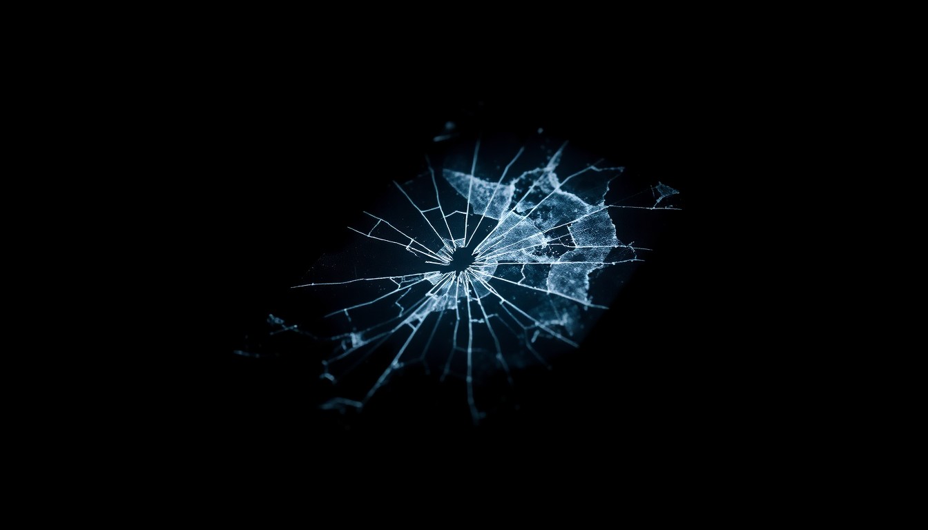 An extreme close-up photograph of a cracked and damaged smartphone screen, conceptually representing the aftermath of a major cybercrime incident.